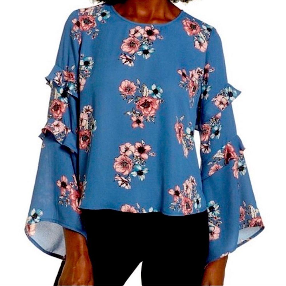 NWT Lush Ruffle Bell Sleeve Blouse in Dusty Blue Blush/Ivory Floral Size Small